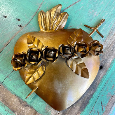 Gold Metal Sacred Heart with Roses