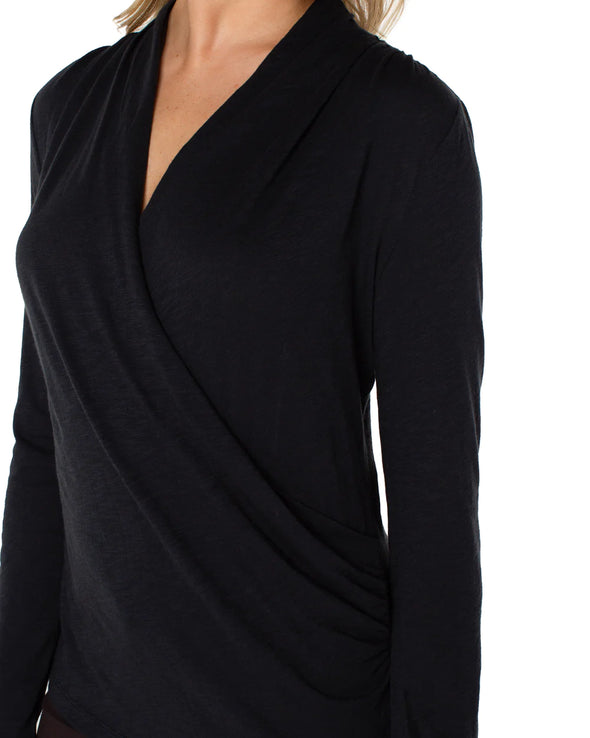 Long Sleeve Wrap Front Top in Black