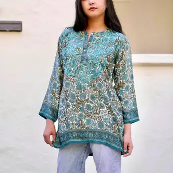 KDC Embroidered Teal Olive Silk Tunic