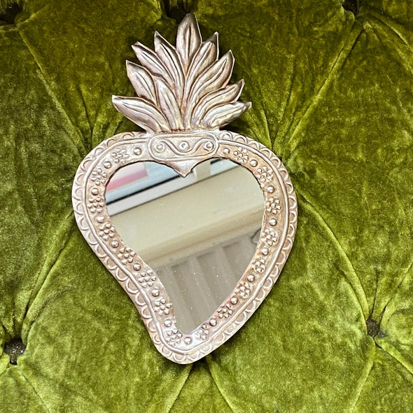 Antique Tin Sacred Heart Mirror in Bronze