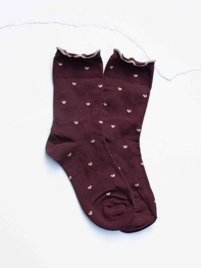 Heart Ruffle Socks in Wine/Gold