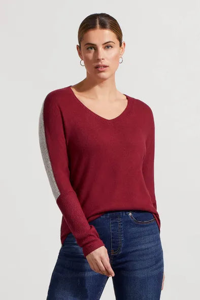 Color Block V-Neck Sweater in Tibetan Red