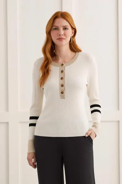 Striped Henley Sweater in Cream