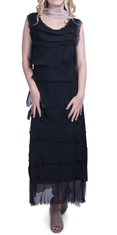 Silk Long Ruffle Dress in Black