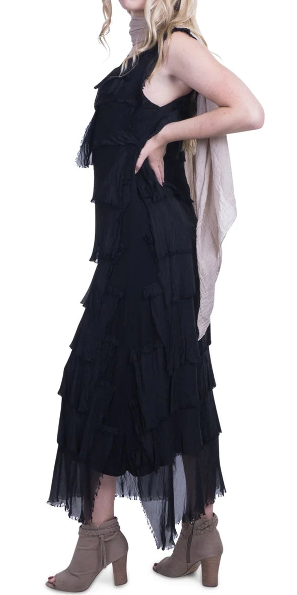 Silk Long Ruffle Dress in Black
