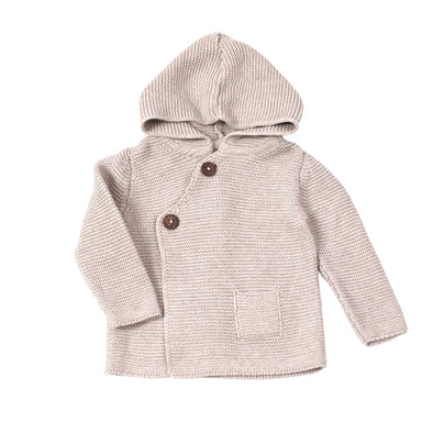 Hooded Button & Pocket Sweater Knit Baby Jacket in Oat Heather
