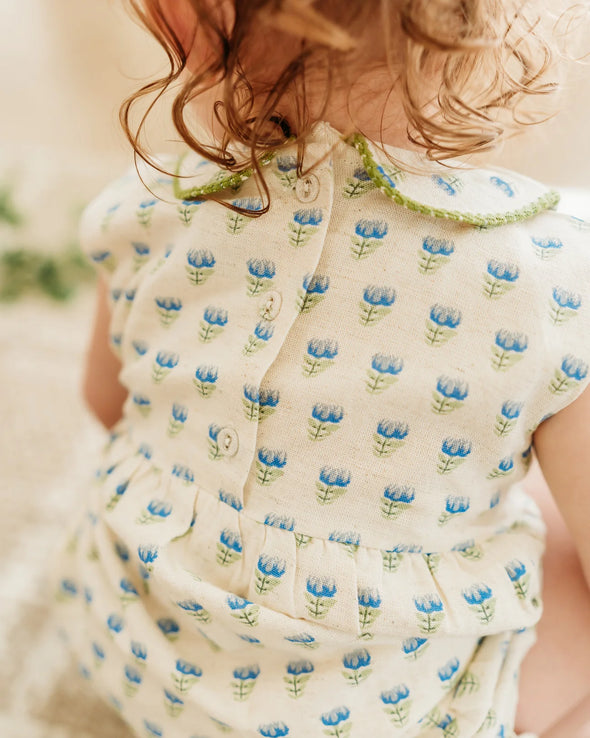 Harper Peter Pan Collar Floral Baby Flare Dress + Bloomer in Blue Floral