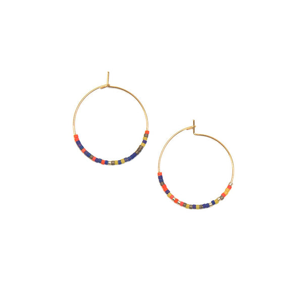 Gold Endless Hoop with Miyuki Beads Earrings in Coral & Navy