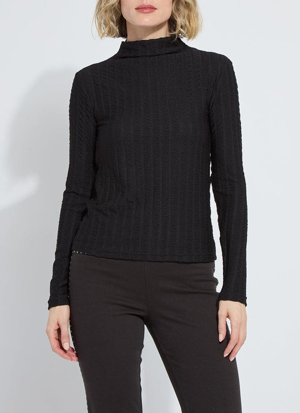Isaura Funnel Neck Smocked Top in Black Vertical Texture