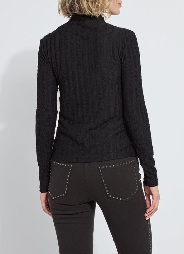 Isaura Funnel Neck Smocked Top in Black Vertical Texture