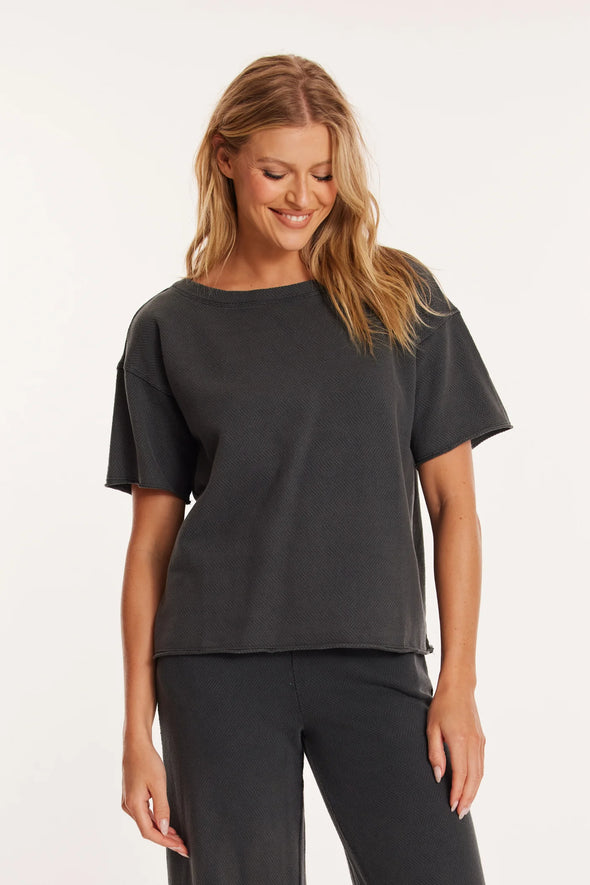 Elbow Sleeve Boat Neck Boxy Top in Washed Ebony