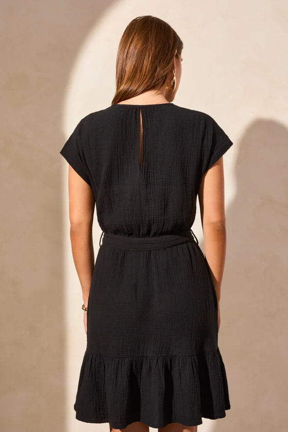 Gauze Cap Sleeve Dress in Black