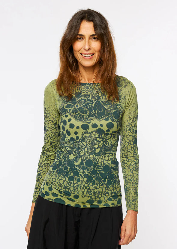 Spotted Garden Second Skin Raw Edge Top in Moss