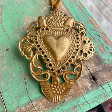 Antiqued Brass Sacred Heart Ornament Small