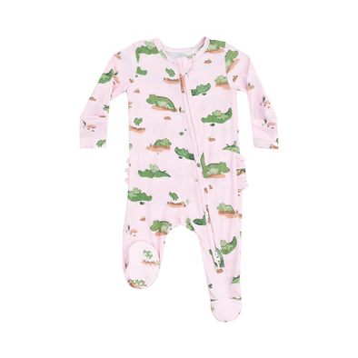2-Way Zipper Ruffle Back Footie in Alligator Pink