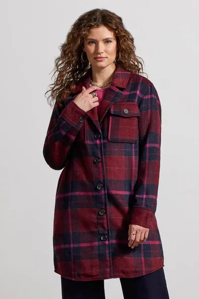 Long Plaid Shacket on Red Plum