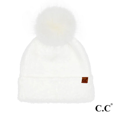 Chenille Pom Beanie in Ivory