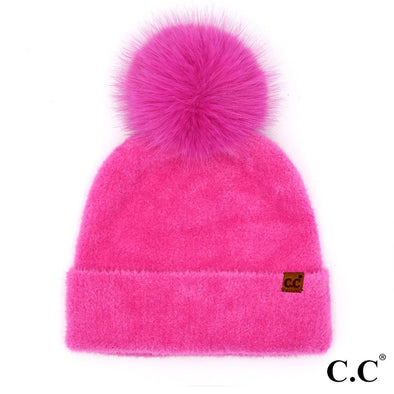 Chenille Pom Beanie in Hot Pink