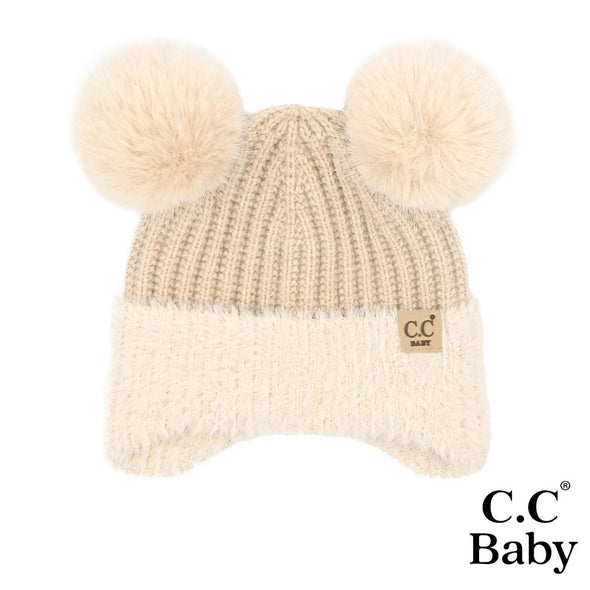 Baby Fur Earflap Pom Pom Beanie in Beige