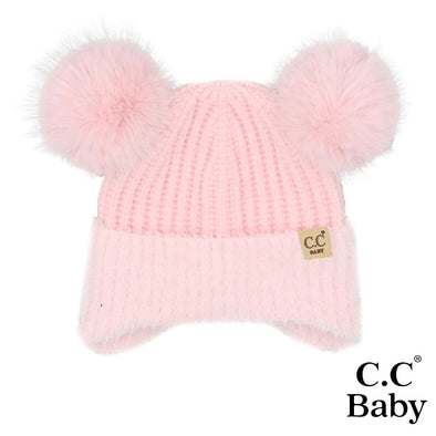 Baby Fur Earflap Pom Pom Beanie in Pink