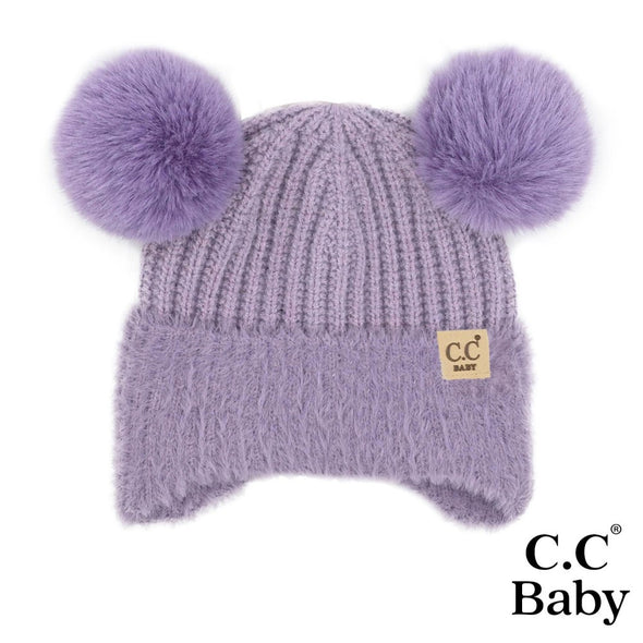 Baby Fur Earflap Pom Pom Beanie in Lavender