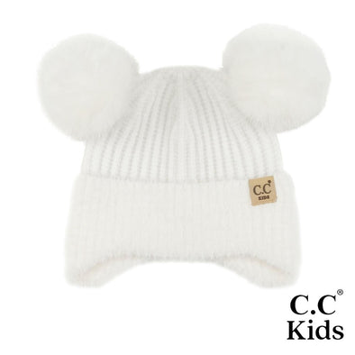Kids Fur Earflap Pom Pom Beanie in White