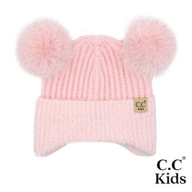 Kids Fur Earflap Pom Pom Beanie in Pink