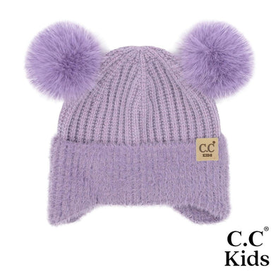 Kids Fur Earflap Pom Pom Beanie in Lavender