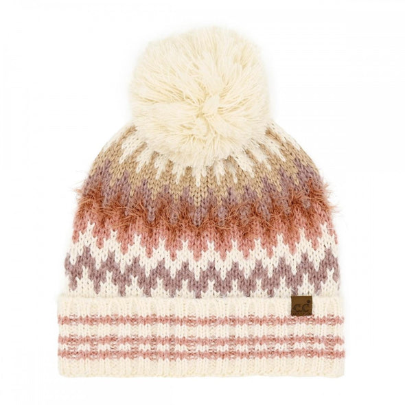 Chevron Pom Beanie in Ivory