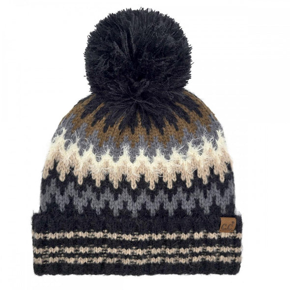 Chevron Pom Beanie in Black