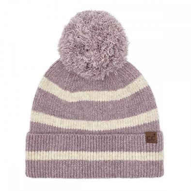 Stripe Pom Beanie in Mauve