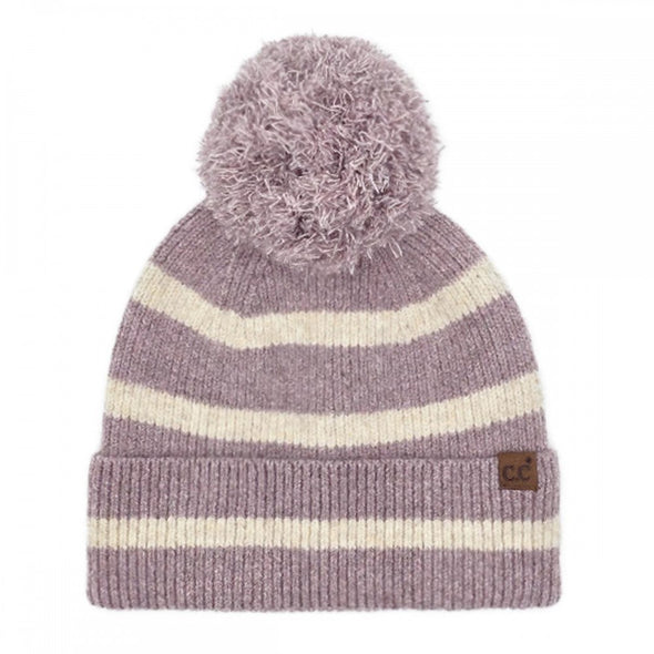 Stripe Pom Beanie in Mauve