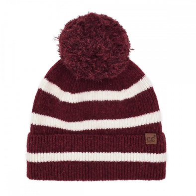 Stripe Pom Beanie in Burgundy