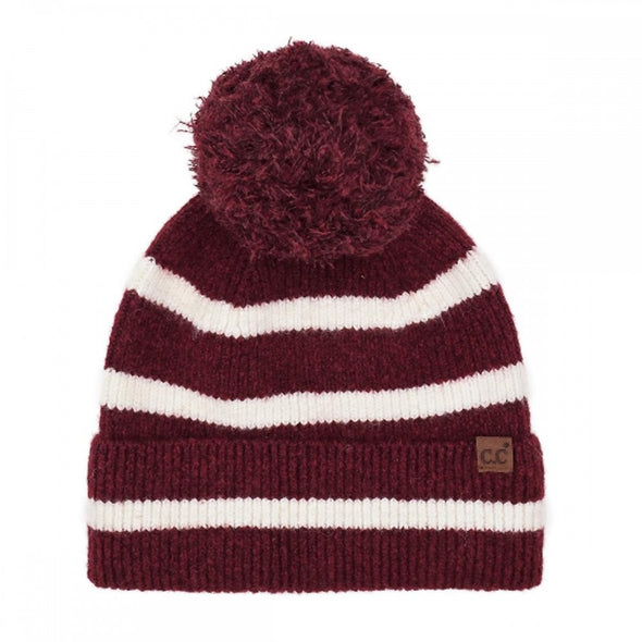 Stripe Pom Beanie in Burgundy