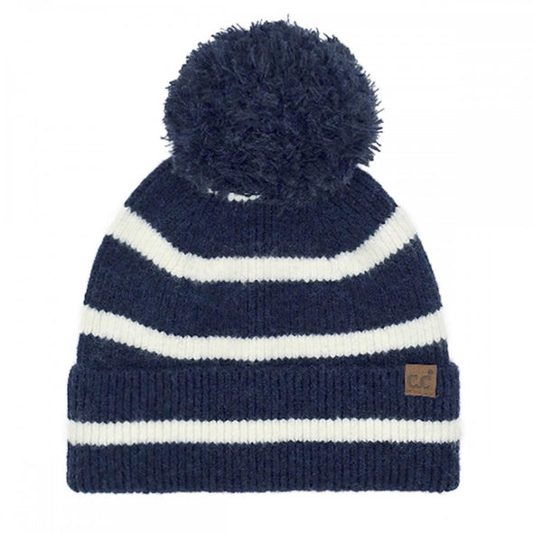 Stripe Pom Beanie in Navy
