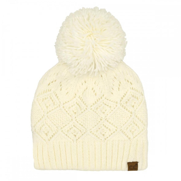 Diamond Pom Beanie in Ivory