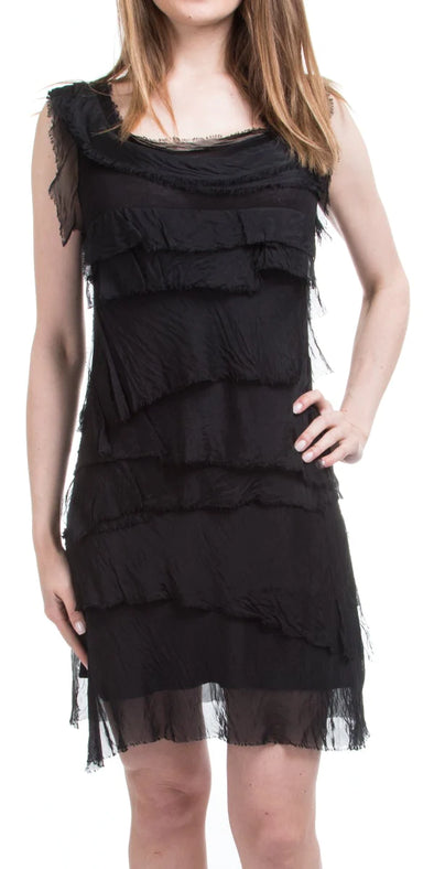Silk Ruffled Short Dress in Black