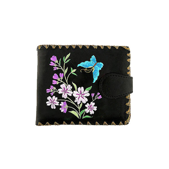 Cherry Blossom & Butterfly Embroidered Medium Wallet in Black
