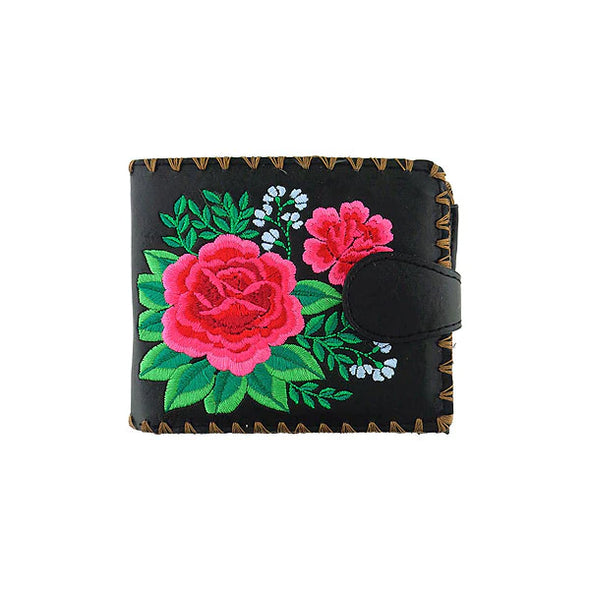 Mexican Rose Embroidered Vegan Medium Wallet in Black