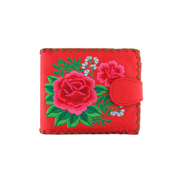 Mexican Rose Embroidered Vegan Medium Wallet in Red