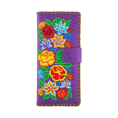 Mexican Flower Embroidered Vegan Large Flat Wallet in Purple