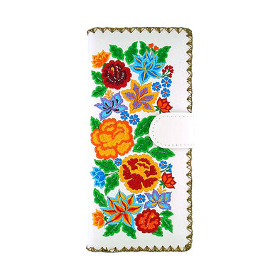 Mexican Flower Embroidered Vegan Large Flat Wallet in White
