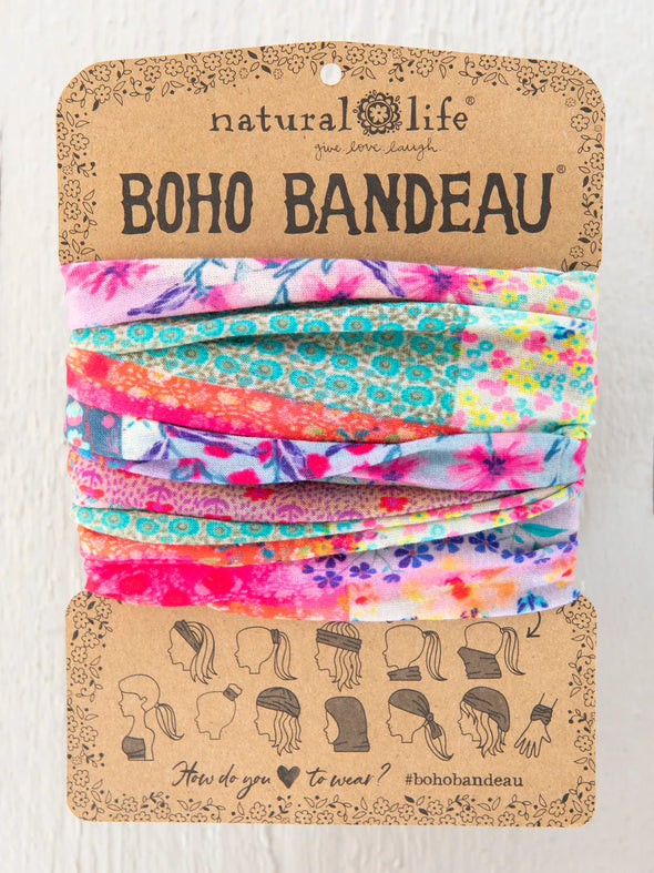 Full Boho Bandeau Headband in Pink Watercolor Patchwork