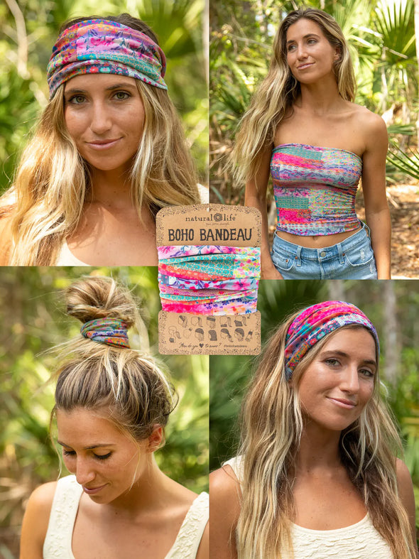 Full Boho Bandeau Headband in Pink Watercolor Patchwork