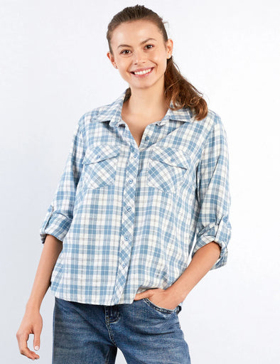 Over The Moon Flannel Shirt in Blue Plaid