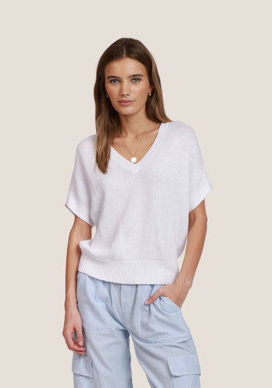 White Deep V Short Sleeve Sweater