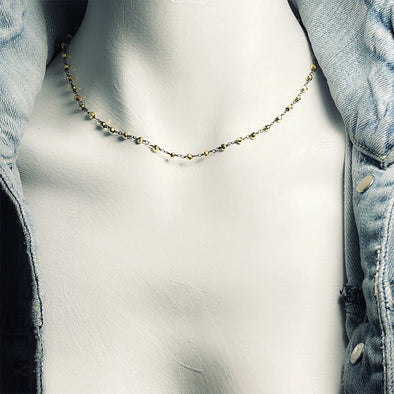 Emily Princess Necklace in Gold Pyrite Blackened Brass Wire Rosary Chain - 16"