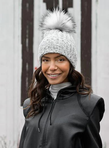 Faux Fur Fold Up Pom Hat in Silver