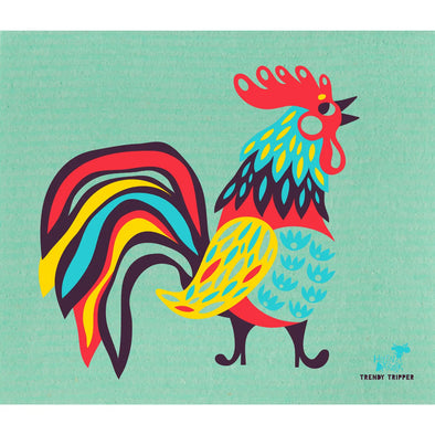 Helen Dardik Fancy Rooster on Green Swedish Dishcloth