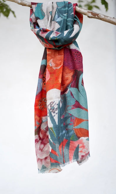 Amarantha Wool Silk Scarf/Wrap in Teal Orange